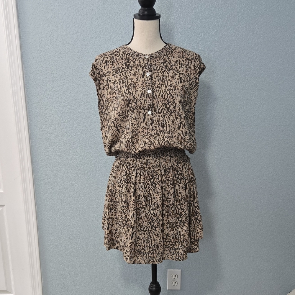 RAILS Angelina Smocked Waist Dress Mini Dress Animal Print Cream Black Sz Large - Picture 2 of 12
